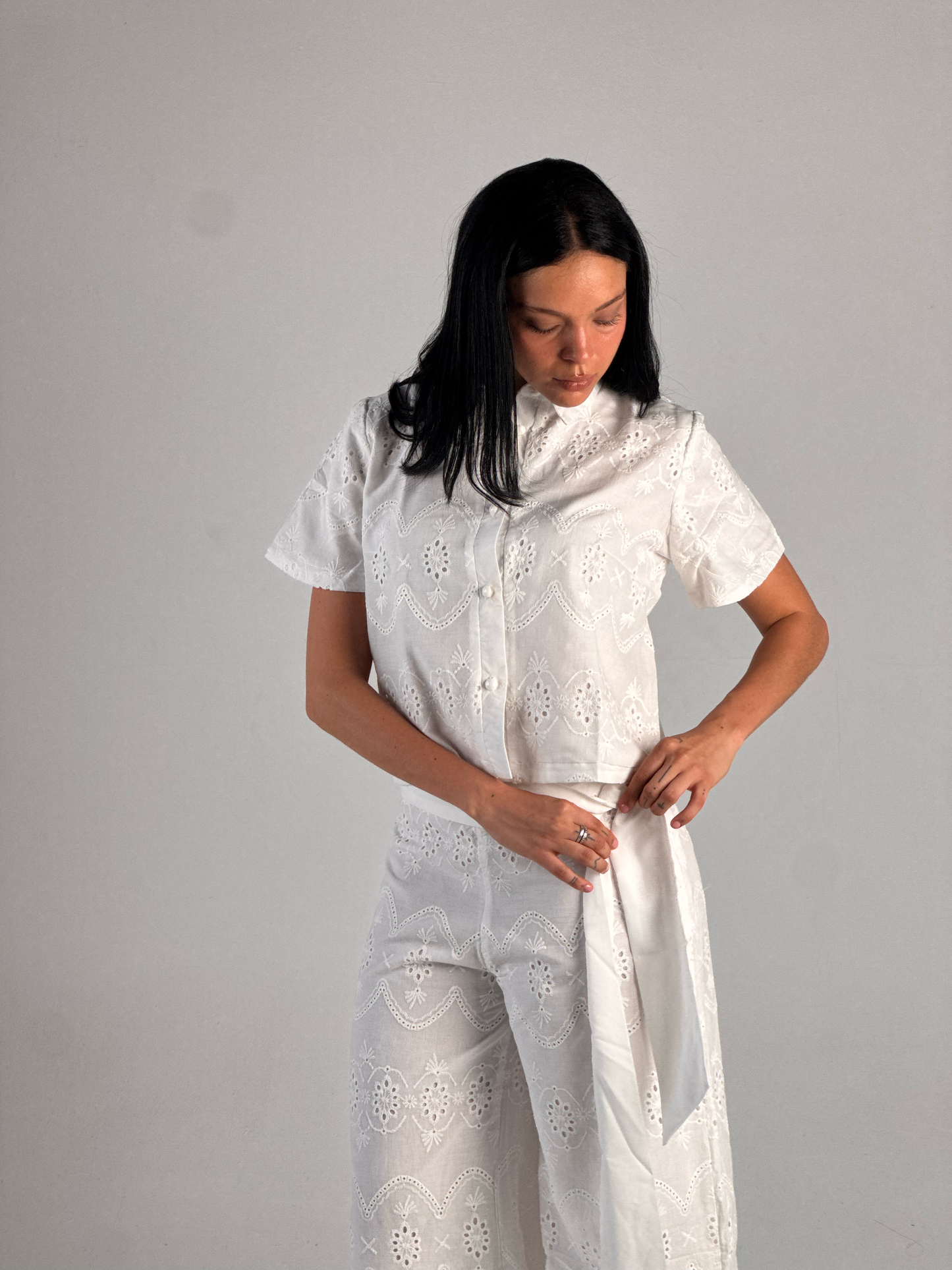 White Embroidery Double Layered Wide Leg Pants