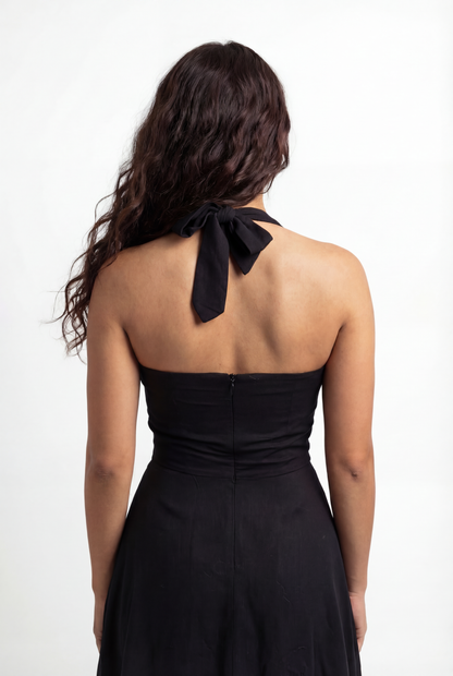 The Solène Linen Dress -Black Lace