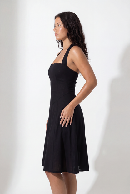 The Solène Linen Dress -Black Lace