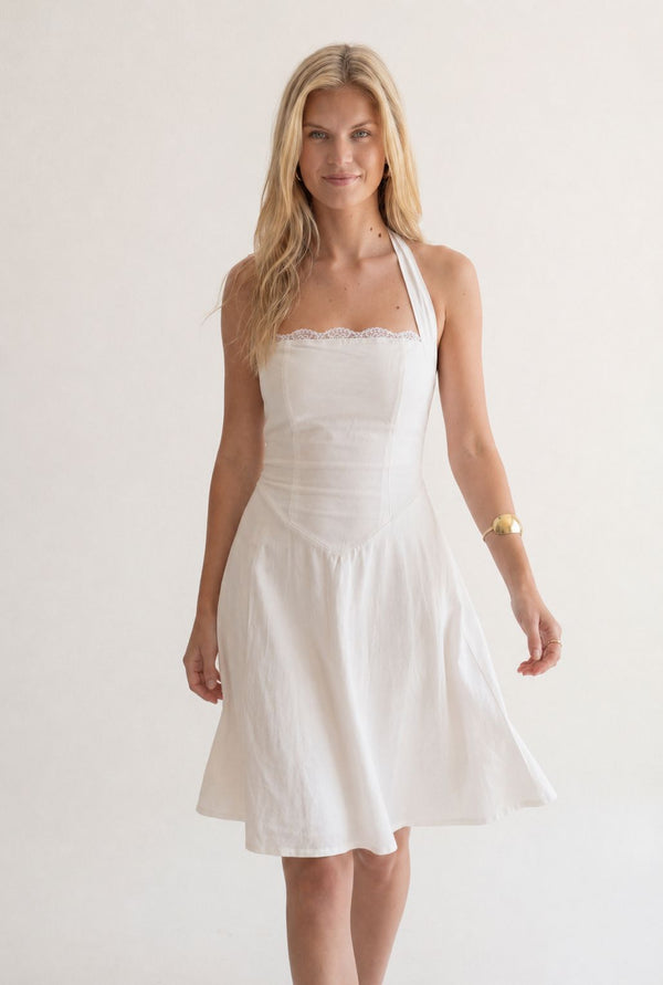 The Solène Linen Dress -White Lace