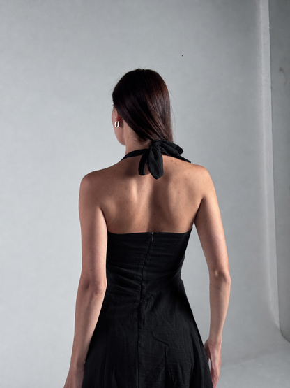 The Solène Linen Dress -Black Lace