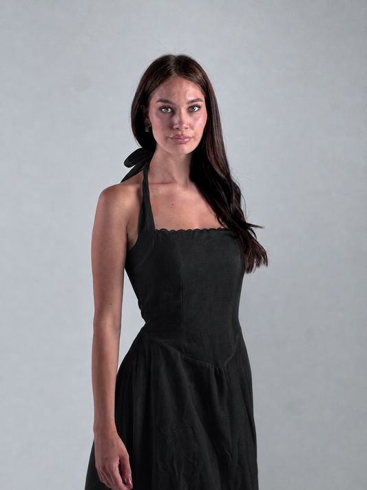 The Solène Linen Dress -Black Lace