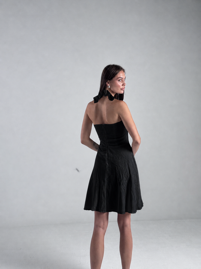 The Solène Linen Dress -Black Lace