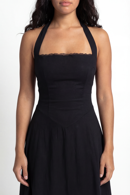 The Solène Linen Dress -Black Lace