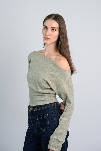 Shimmery Off shoulder Knitted top -Green
