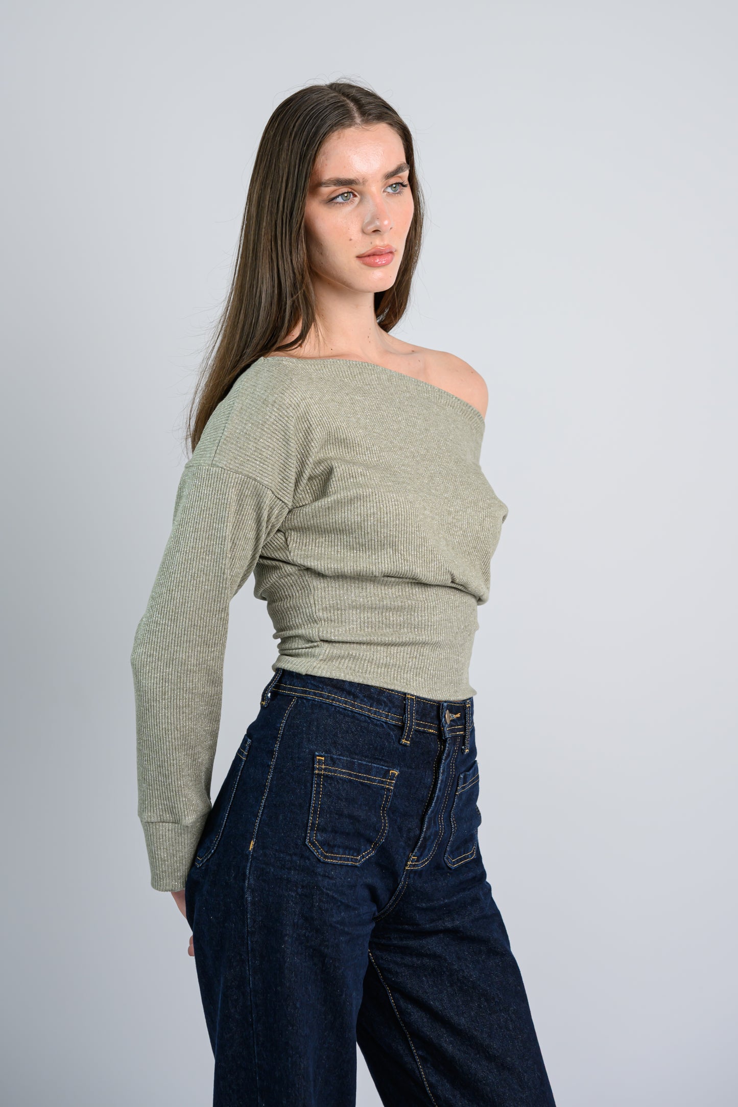 Shimmery Off shoulder Knitted top -Green