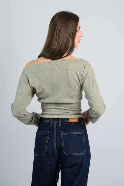 Shimmery Off shoulder Knitted top -Green