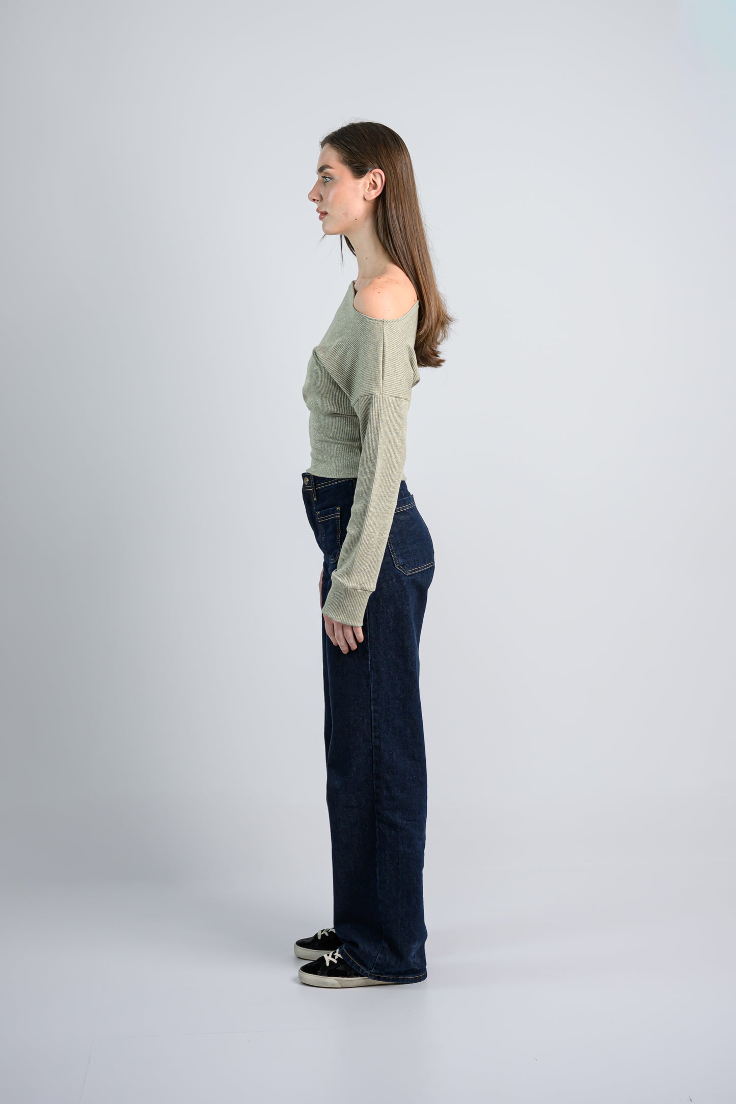 Shimmery Off shoulder Knitted top -Green