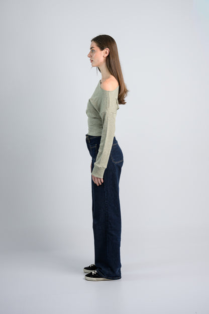 Shimmery Off shoulder Knitted top -Green