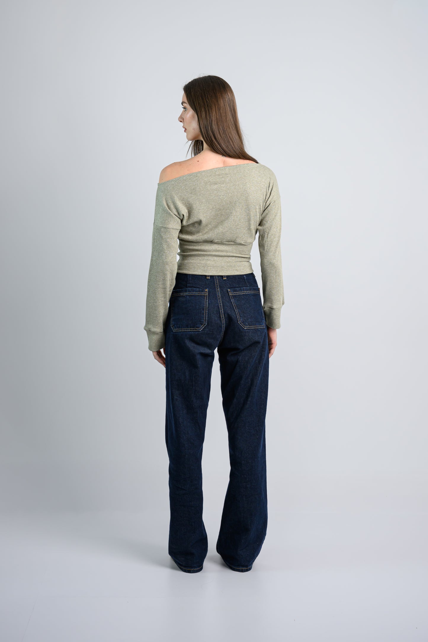 Shimmery Off shoulder Knitted top -Green