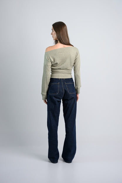 Shimmery Off shoulder Knitted top -Green