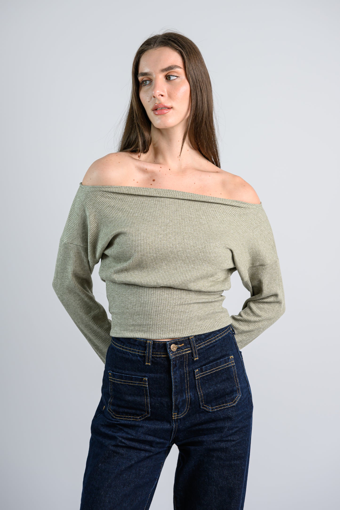 Shimmery Off shoulder Knitted top -Green