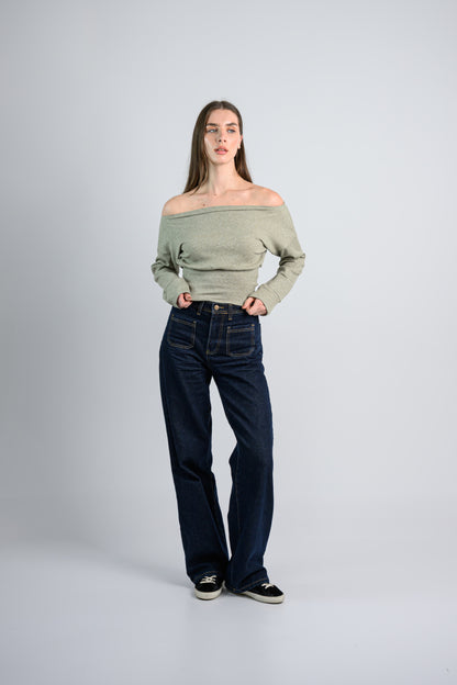 Shimmery Off shoulder Knitted top -Green