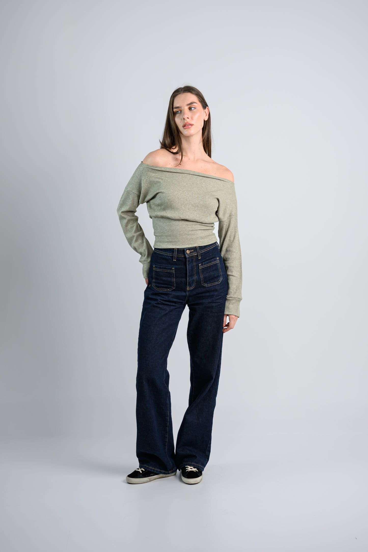 Shimmery Off shoulder Knitted top -Green