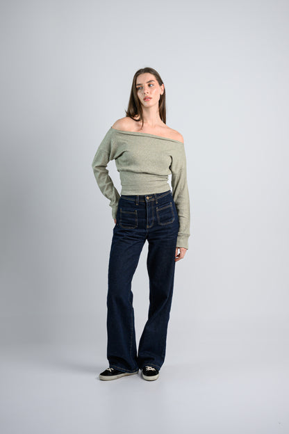Shimmery Off shoulder Knitted top -Green