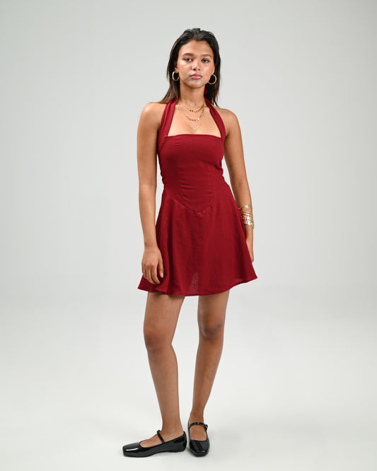The Solène Linen Dress -Burgundy