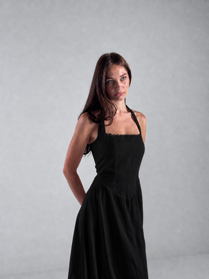 The Solène Linen Dress -Black Lace