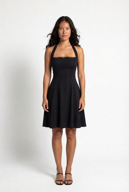 The Solène Linen Dress -Black Lace