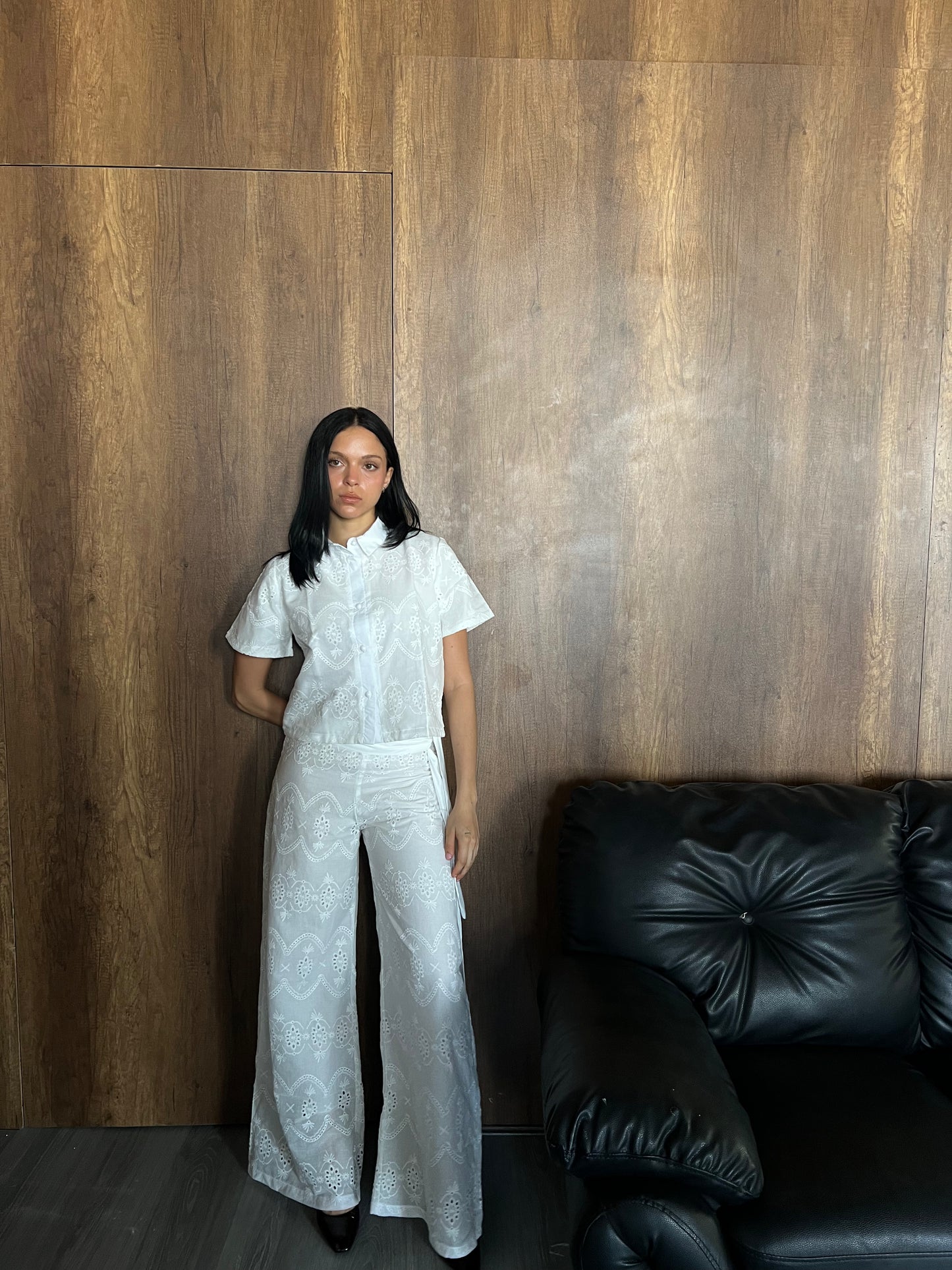 White Embroidery Double Layered Wide Leg Pants