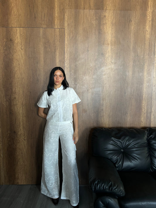 White Embroidery Double Layered Wide Leg Pants