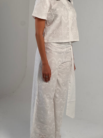 White Embroidery Double Layered Wide Leg Pants