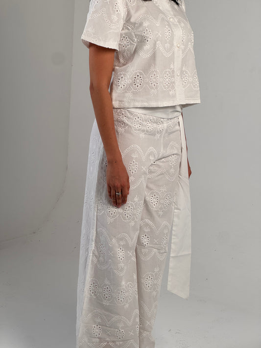 White Embroidery Double Layered Wide Leg Pants