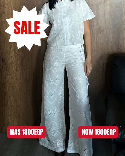 White Embroidery Double Layered Wide Leg Pants